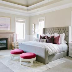 Tranquil Master Bedroom With Tufted Headboard & Pops of Color