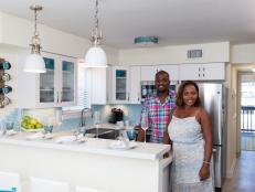 As seen on Beach Flip, Contestants Mahdi (C) and Melissa (R) in the first floor kitchen at their Coastal Calm renovated condo. (portrait)