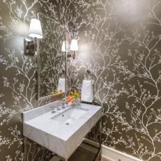 Gold Powder Room With Floral Wallpaper
