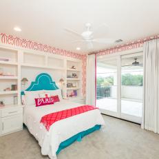 Pink and White Contemporary Girl's Bedroom With Blue Bed