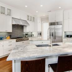 White Transitional Corner Kitchen With Hood
