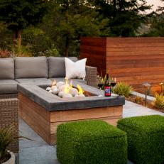 Contemporary Patio With Green Ottomans