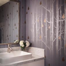 Silver Powder Room With Tree Wallpaper