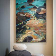 Blue River Painting With Boulder Poufs