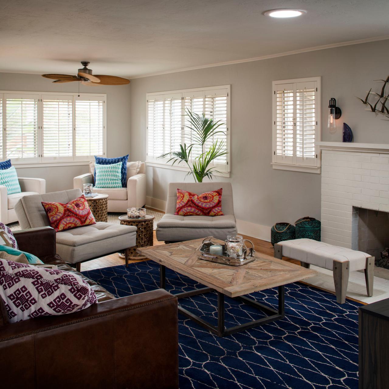 Neutral Coastal Living Room With Blue Rug Hgtv