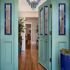 Blue Front Door With Stained Glass Windows