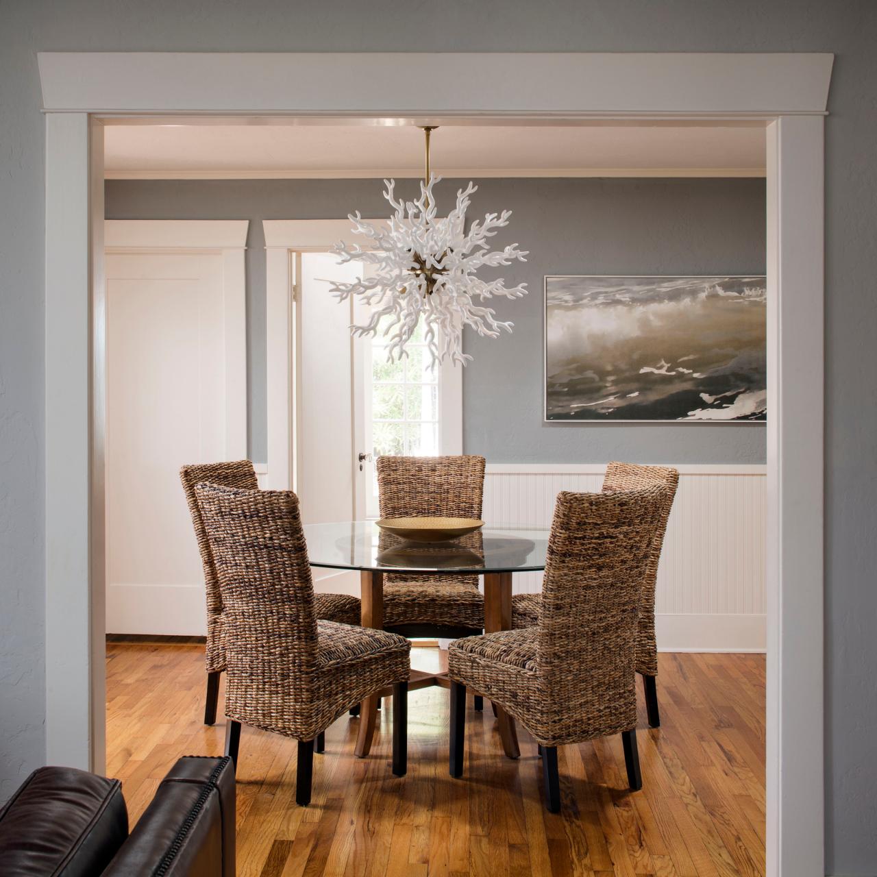 Gray Coastal Dining Room With Wicker Chairs Hgtv