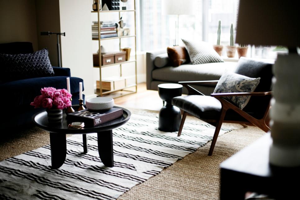 Contemporary Living Area With Black & White Stripe Rug, Dark Furniture
