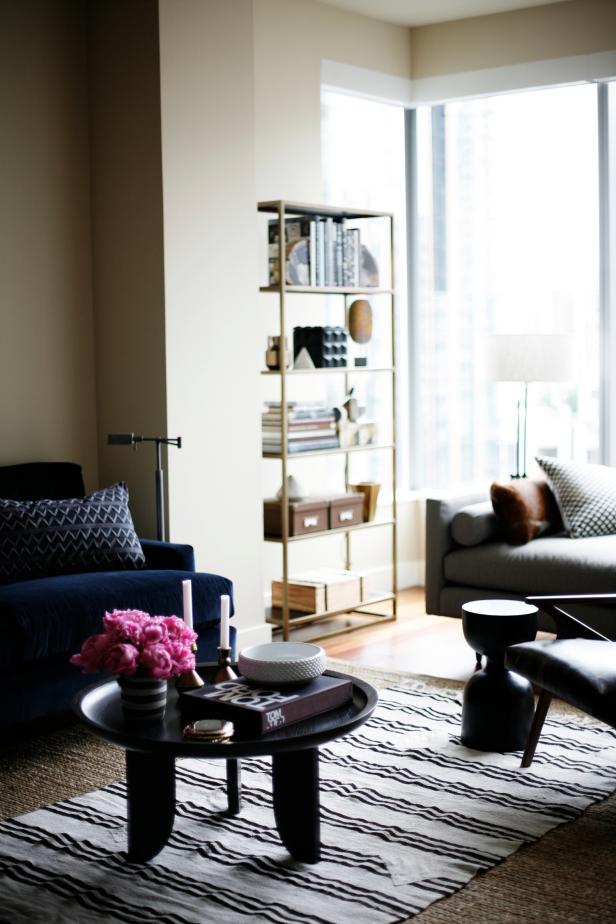 Living Room Features Black & White Striped Rug ...