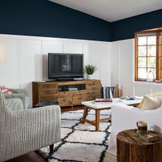 Blue and White Coastal Living Room With Diamond Rug