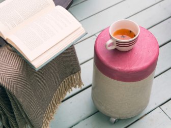 Pink-Topped Concrete DIY End Table on Patio