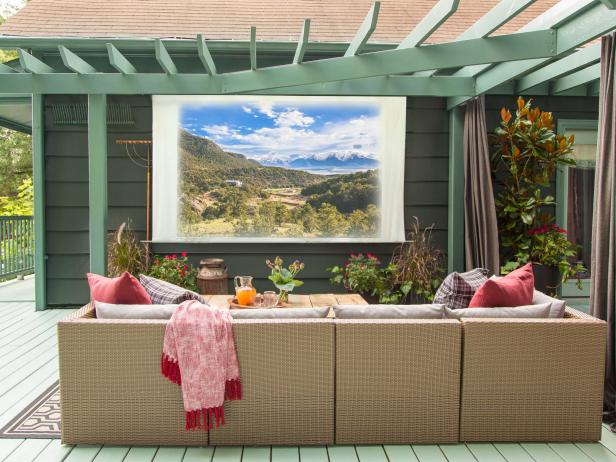 DIY Movie Screen in Front of Sectional Patio Seating