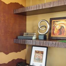 Wood Built-In Bookshelves With Carved Edge