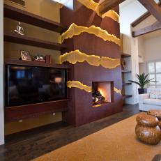 Yellow and Brown Striped Contemporary Fireplace