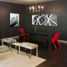 Modern Gray Dining Room with Black Dining Table with Red Dining Chairs and Benches