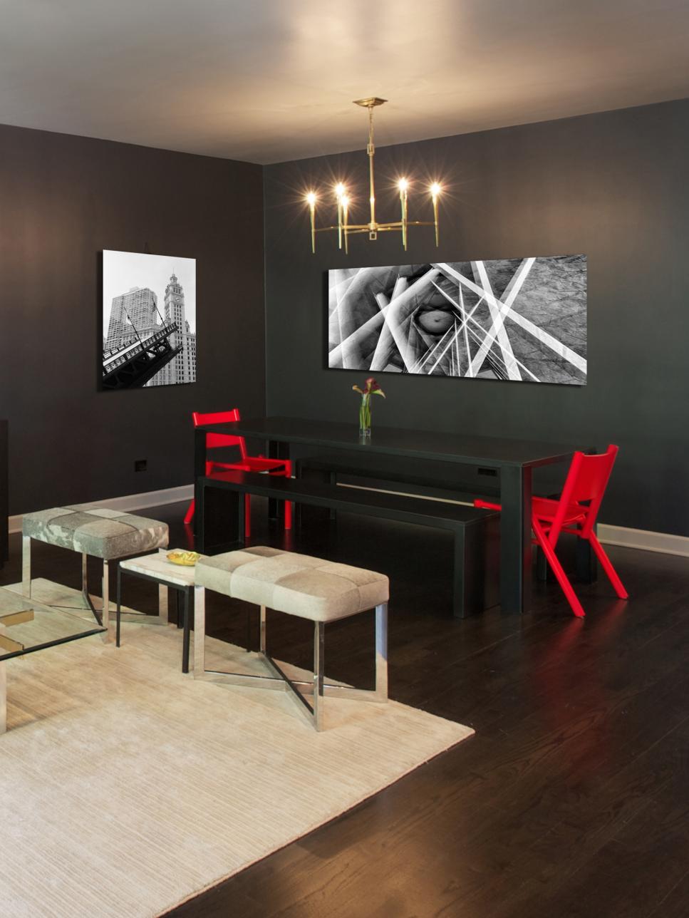 Modern Gray Dining Room With Black, Black Dining Table Red Chairs
