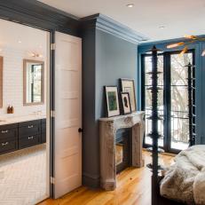 Transitional Blue Master Bedroom With Fireplace