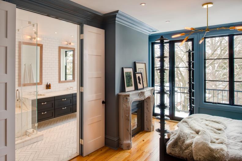 Contemporary Bathroom Adjacent to Blue Transitional Master Bedroom