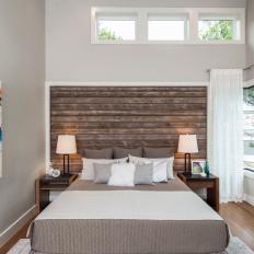 Gray Contemporary Master Bedroom With Rustic Headboard