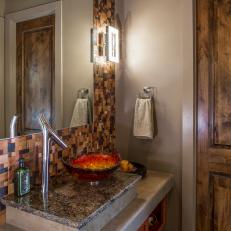Brown Eclectic Powder Room With Glass Sink