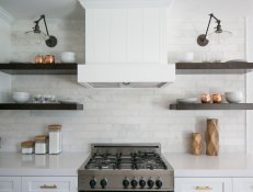 White Marble Backsplash With Open, Dark-Wood Shelves