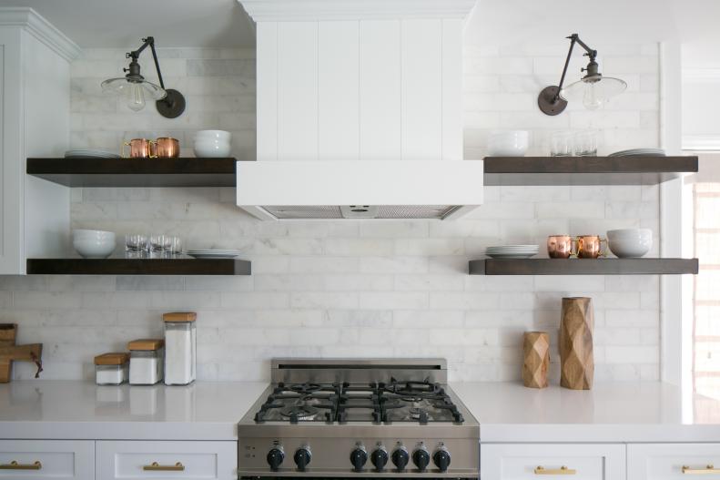 White Marble Backsplash With Open, Dark-Wood Shelves