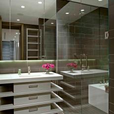 Modern Gray Bathroom With Funky White Vanity