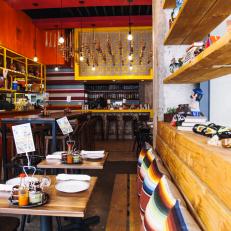 Mexican Restaurant with Red Ceiling, Striped Accent Wall and Antique Knickknacks
