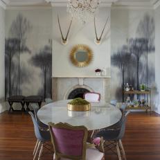 White Eclectic Dining Room With Tree Wallpaper