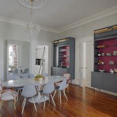 White Dining Room With Gray China Cabinets