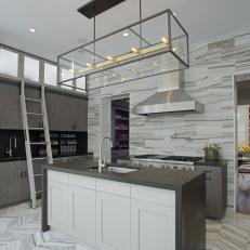 Gray Contemporary Kitchen With Marble Wall