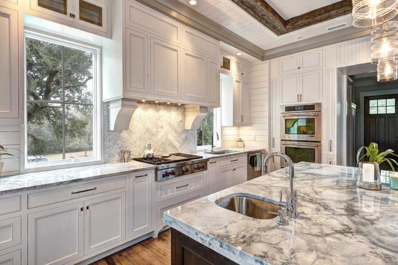 White Kitchen with Carrera Marble Island, Countertops and Backsplash HGTV