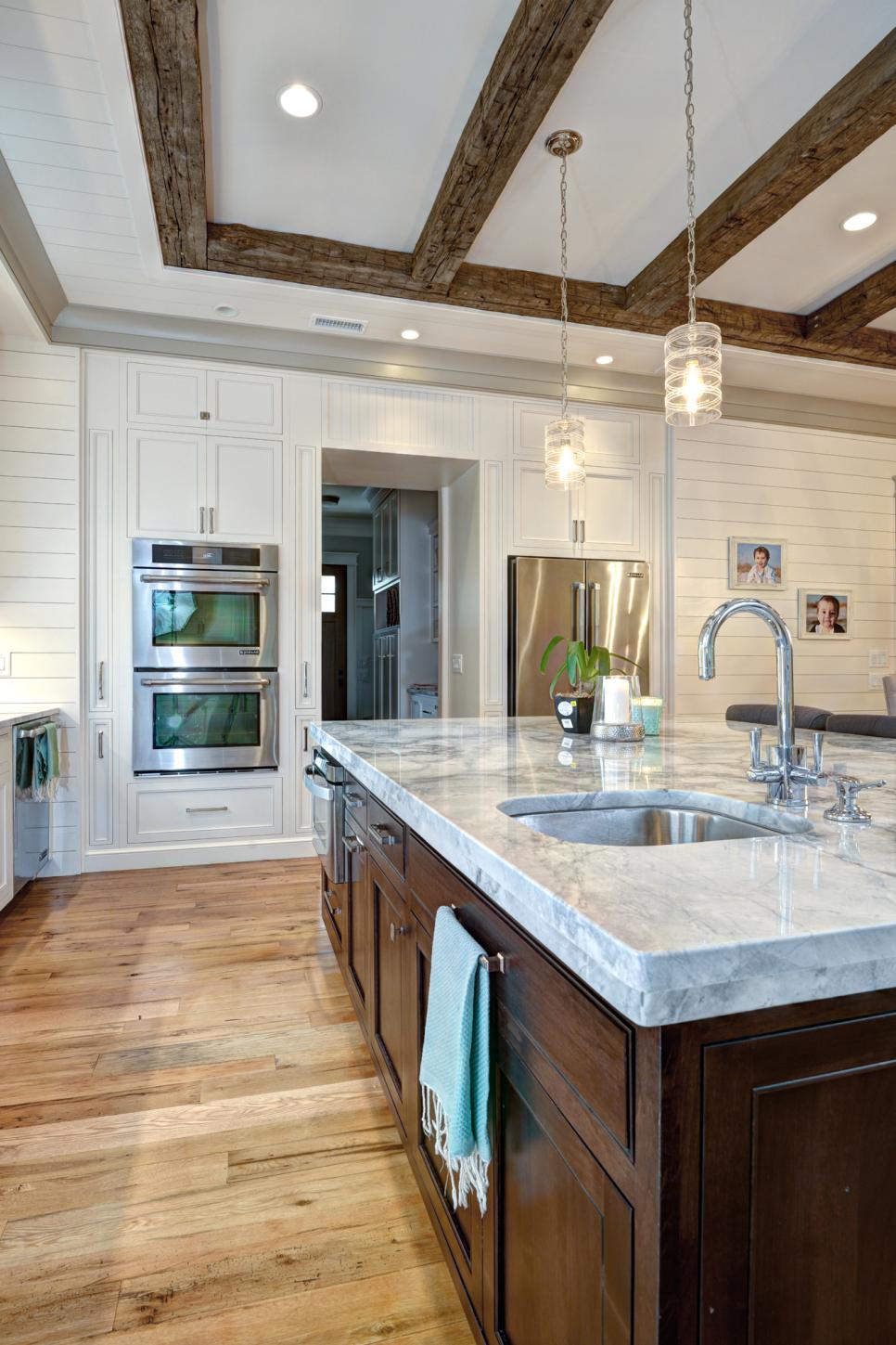 Contemporary Kitchen with Reclaimed Wood Beams and Floors