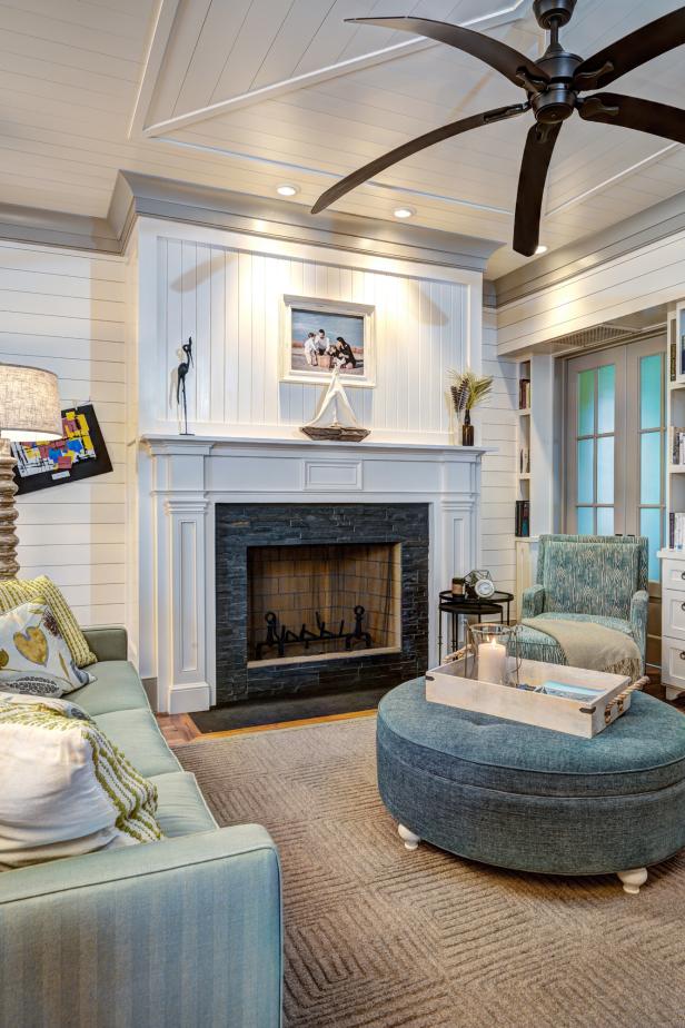 Living Room with Tiled Fireplace, Large Ceiling Fan and Coastal Accents