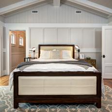 Master Bedroom with Varying Pattern Wood Walls and Ceiling Plus Contemporary Bed