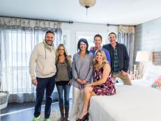 As seen on Beach Flip, at the Southwind condo, contestants Daphney (C) and Lucy (L) pose with Hosts David Bromstad (C), Josh Temple (R) and Nicole Curtis (L) in their winning master bedroom. (portrait)