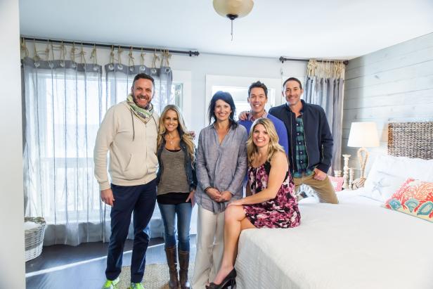 As seen on Beach Flip, at the Southwind condo, contestants Daphney (C) and Lucy (L) pose with Hosts David Bromstad (C), Josh Temple (R) and Nicole Curtis (L) in their winning master bedroom. (portrait)