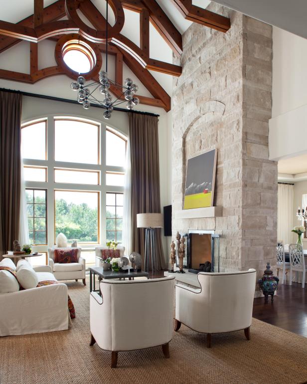 Neutral Traditional Living Room With Stone Fireplace | HGTV