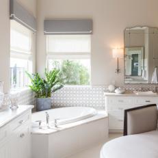 Gray and White Transitional Spa Bathroom With Chaise