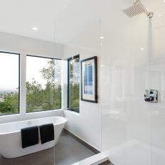 Glass-Enclosed Shower in Modern White Bathroom