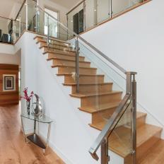Modern Staircase With Wood Steps & Glass Railing