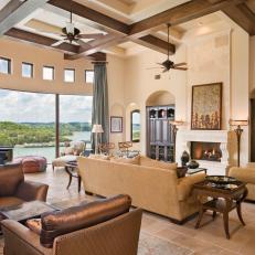 Neutral Mediterranean Living Room With Lake View