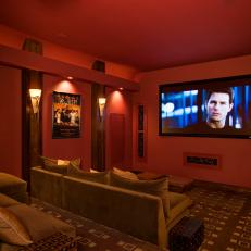 Red Home Theater With Geometric Carpet