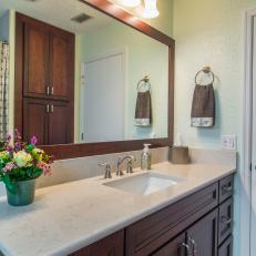 Green Transitional Style Bathroom With Wood Vanity And Cabinetry