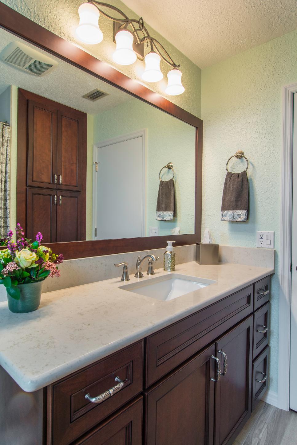 Green Transitional Style Bathroom With Wood Vanity And Cabinetry | HGTV