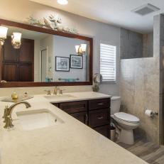 Transitional Style Bathroom With L-Shaped Double Vanity