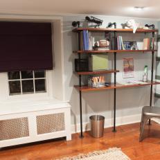 Teen Bedroom Study Area With Custom Desk and Shelving Made from Pipes and Reclaimed Flooring