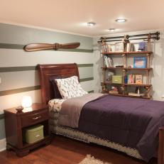 Teen Bedroom with Antique Bed, Antique End Table and Shelves Made from Rope and Wood