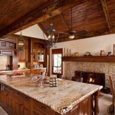 Rustic Kitchen With Vaulted Wood Ceiling & Large Island