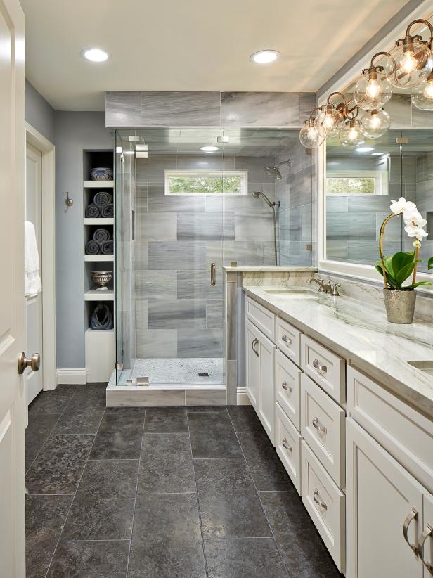 Master Bathroom with Globe Sconces, Quartzite Counters ...